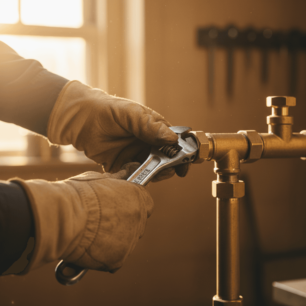 Hands in work gloves tightening a pipe fitting with a wrench