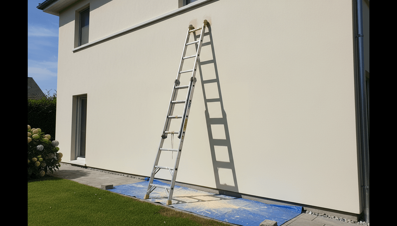 Freshly painted exterior wall with a ladder propped beside it