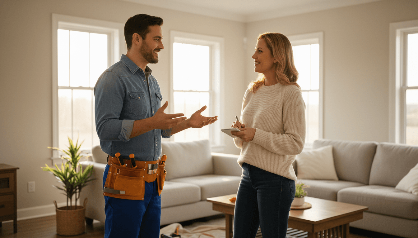 Tradesperson in a toolbelt talking with a homeowner in a bright living room