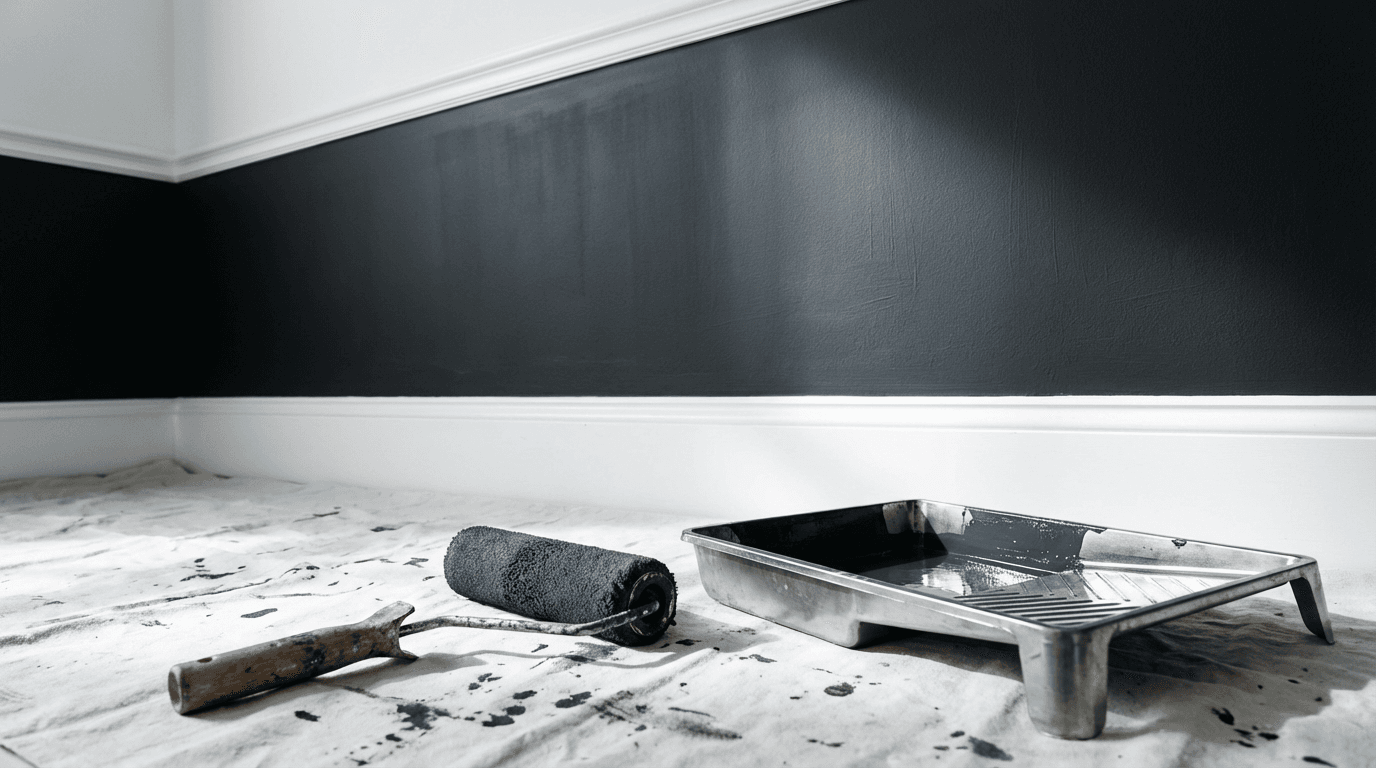 Freshly painted wall with roller and tray