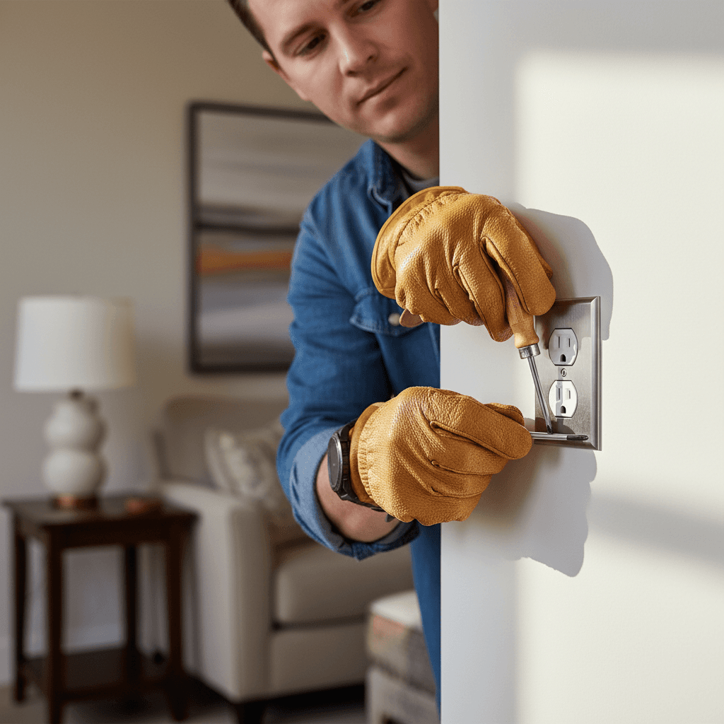 Tradesperson chatting with a homeowner at the front door of a maintained townhouse