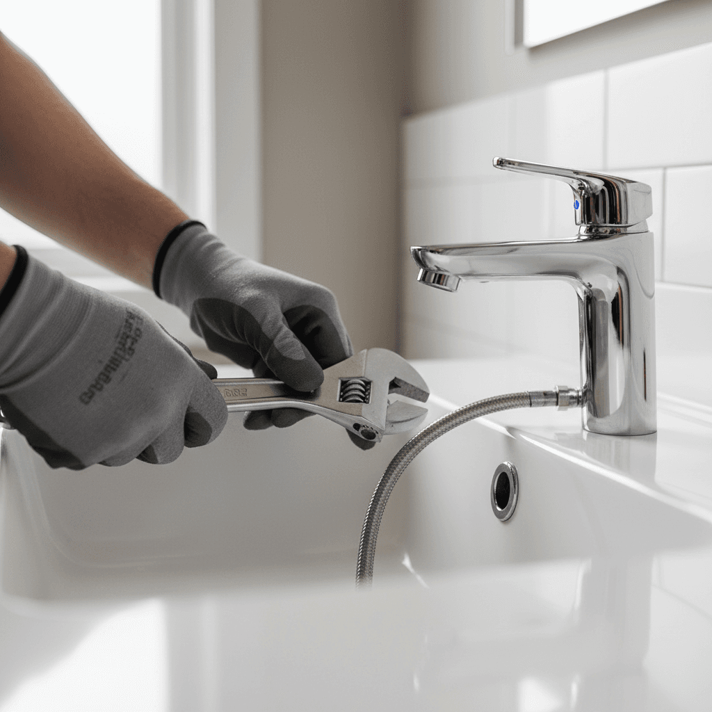 Hand tightening a faucet with a wrench