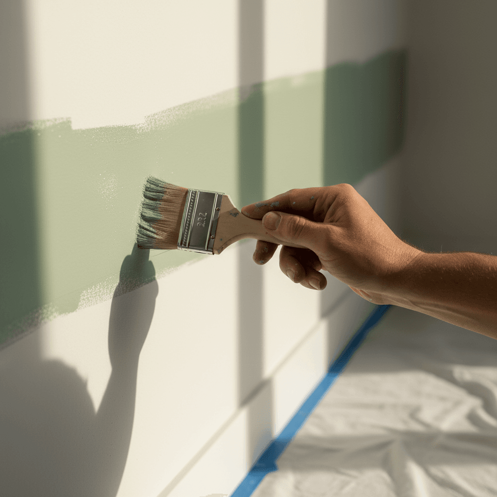 Hand painting a windowsill with a brush, fresh white paint, soft daylight