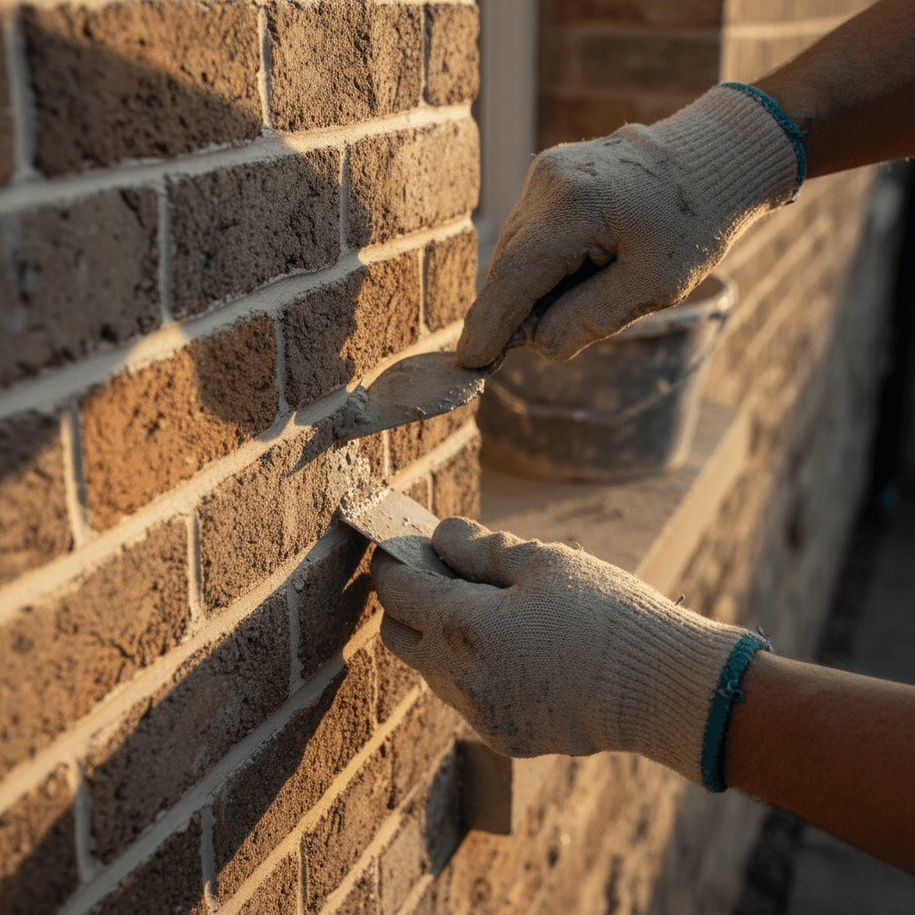 Maintenance worker inspecting a well-kept townhouse exterior