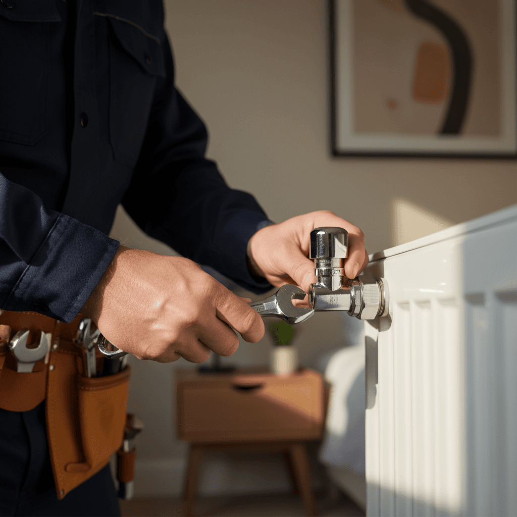 Hands in work gloves tightening a valve on a radiator with a wrench