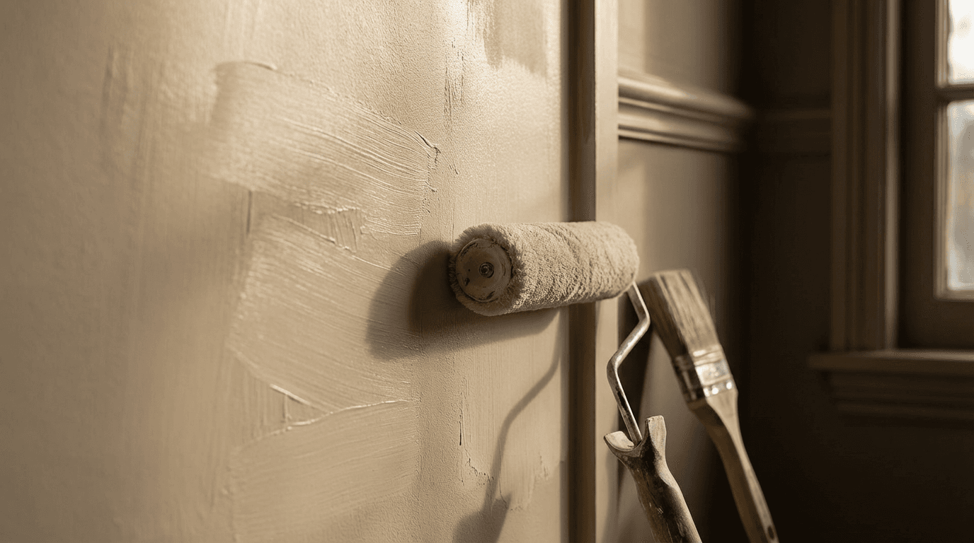 Freshly painted room with neat edging and painting tools in the foreground