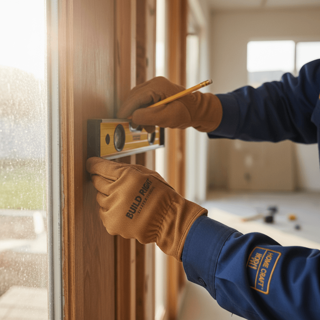 Maintenance worker inspecting a skirting board in a bright hallway
