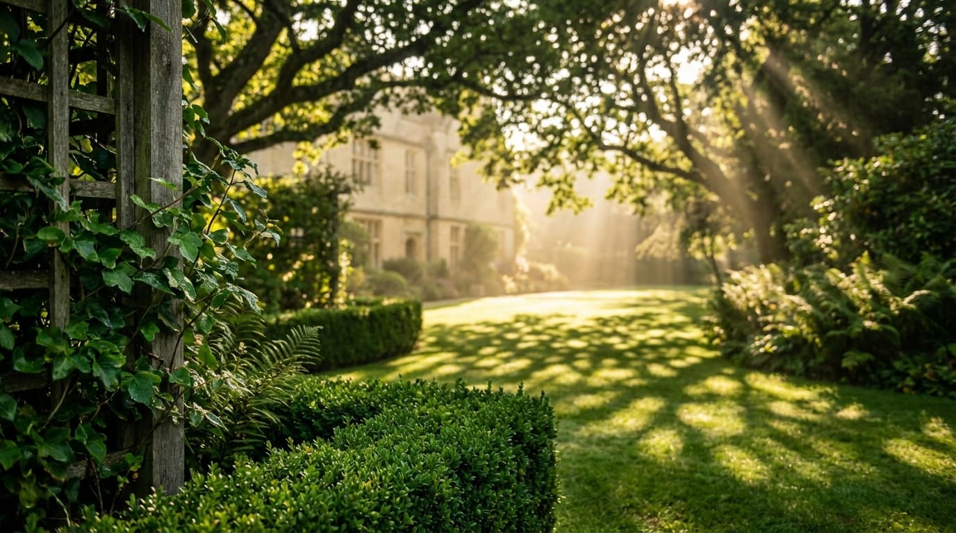 Tidy backyard garden with trimmed hedges and a clean fence