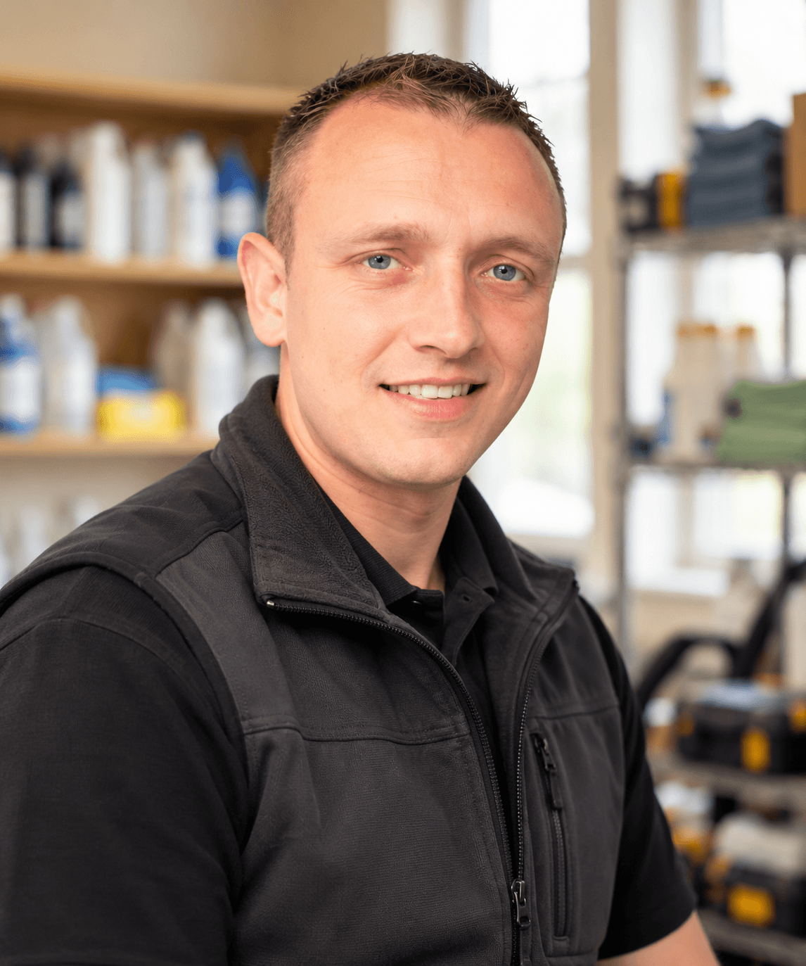 Smiling man with blue eyes wearing a black vest in front of cleaning supply shelves.